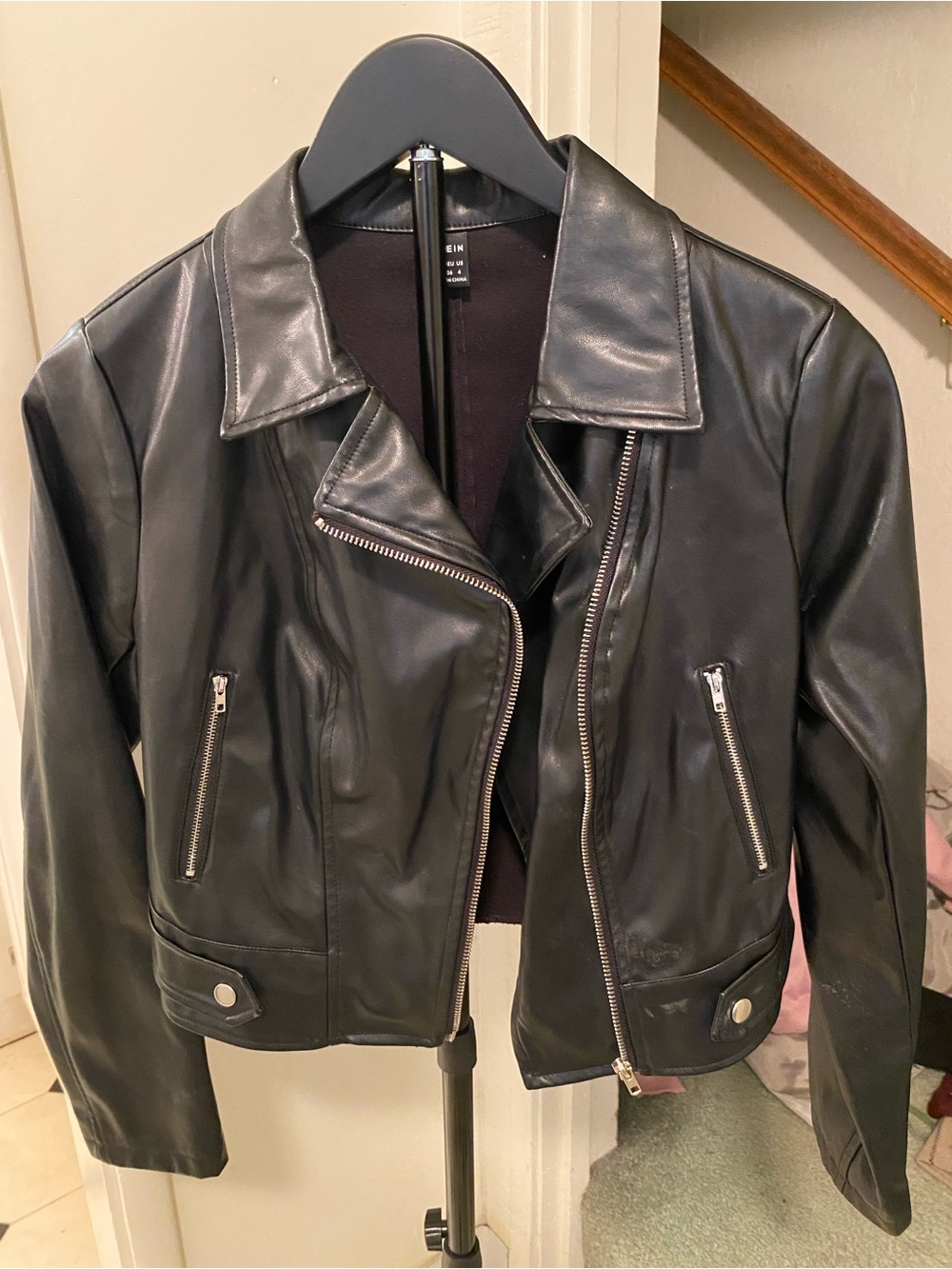SHEIN Black Faux Leather Asymmetrical Zip Moto Jacket size small